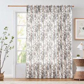 jinchan Linen Floral Curtain - 100 Inch Extra Wide for Patio Sliding Glass Door Room Divider - Living Room 84 Inch Length Farmhouse Peony Black Printed Curtain Set 1 Panel