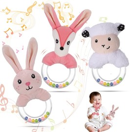 FRIUSATE 3Pcs Baby Rattle Toys 0-6 Months, Baby Soft Rattle Sensory Toys Newborn Baby Rattle Teething Ring Plush Toy for Infant Toddler Boys Girls Early Educational Shower Gift