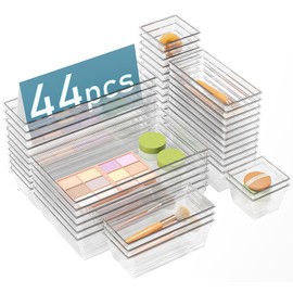 44 PCS Clear Drawer Organizers Set, 4 Size Versatile Bathroom and Vanity Organizer Trays, Cosmetic Display Cases for Makeup, Jewelries, Bedroom，Kitchen Utensils and Office