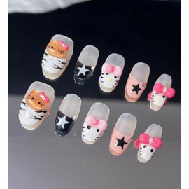 Handmade Press On Nails Short MouyouGlow, Round Kawaii Cute Nude Stars Zebras French 3D Kitty Bow Tie Bow Diamond Y2K Coquette Resuable Fake Nails, Handmade Artificial Fingernails, 10 Pieces, 502-S