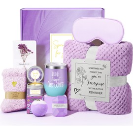 Birthday Gifts for Women, Self Care Gifts, Get Well Soon Gifts, Unique Relaxing Spa Gift Basket with Luxury Flannel Blanket, Gifts for Women, Mom, Her, Friends, Sister, Grandma, Wife (Purple)