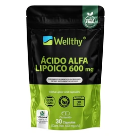 Wellthy Ácido Alfa Lipoico 600mg en SOLO UNA CÁPSULA. 30 Dosis Completas, NON GMO, Vegan Friendly, VCaps Técnologia Cápsulas Veganas, Bottle Free.