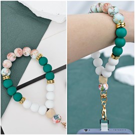 VICHUNHO Marble Silicone Beaded Phone Wrist Strap, Cellphone Lanyard with Tether Tab, Elastic Hands-Free Wristlet Bracelet