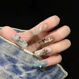 24Pcs Press on Nails Long Coffin Fake Nails Cross False Nails Glossy Ballerina Clip on Nails Full Cover Fake Nails for Women and Girls (Cross False Nails-A)