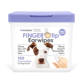 Petkin Fingertip Ear Wipes for Dogs and Cats, 100 Finger Wipes - Slip-On, Snug Fit, Micro-Bristle Fabric - Cleans Ears, Dirt, Odor and Wax - Convenient, Ideal for Home and Travel - Fresh Scent