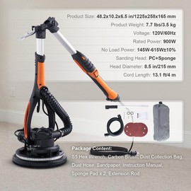 VEVOR Drywall Sander 850W, Variable Speed 800-1750 RPM, Foldable Sheetrock Sander with Telescope Handle, LED Strip Light, Vacuum Bag & Gloves Heavy Duty Power Tools:_Orange - 900W with LED Strip Light