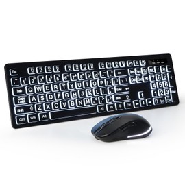Wireless Keyboard and Mouse - Large Print Wireless Keyboard, KOPJIPPOM 2.4G Full Size Keyboard and Mouse Set with Big Letters and Backlight Key for Seniors, Compatible for Windows, Laptop, PC, Black