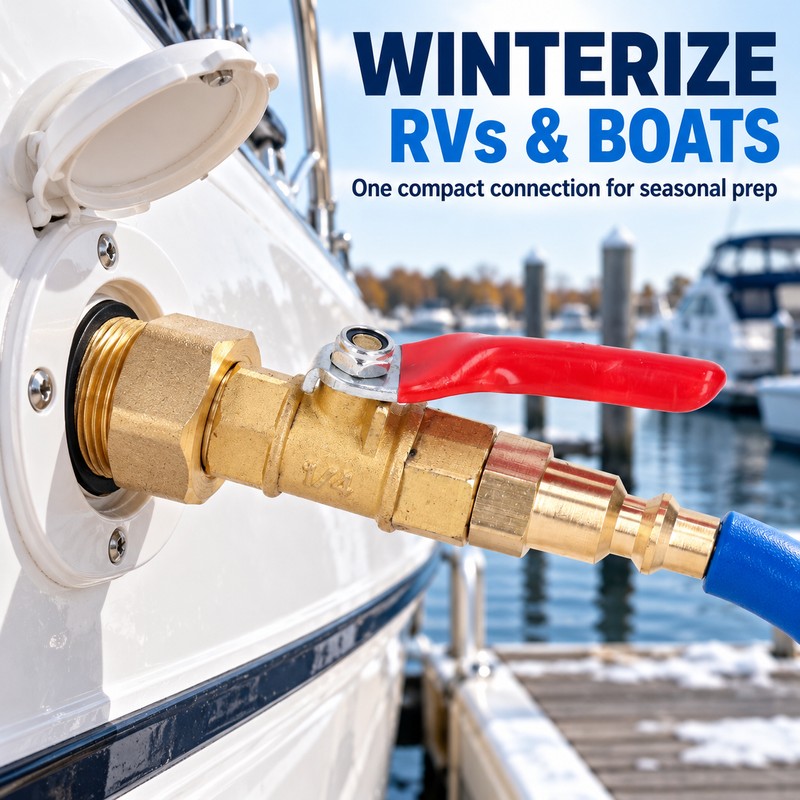 Brass RV Winterizing Blowout Adapter with Shutoff Valve, 1/4 Inch