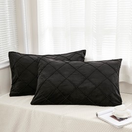 JAUXIO Diamond Pinch Pleated Crystal Velvet Pillowcases 2 Pack Solid Pintuck Throw Cushion Cover for Home Decor Hidden Zipper Closure (Black, Standard)