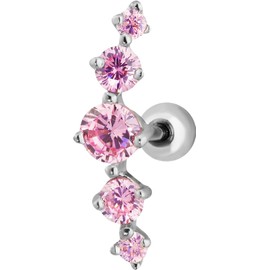 Forbidden Body Jewelry 16g 6mm Surgical Steel 5-Gem Curved Pink CZ Crystal Cartilage Stud Earring