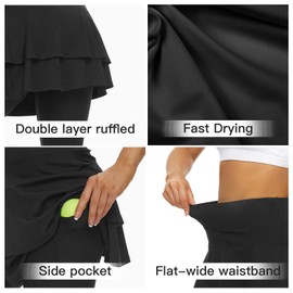 WOWENY Tennis Skirted Leggings with Pockets for Women Golf Skapri Leggings with Skirt (S, 2-Layer Black Skirted Capri)