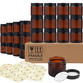 TUZAZO 24 Pack 2 Oz Thick Amber Round Glass Jars with Lids - Empty Mini Candle Making Jars/Cosmetic Containers with Leakproof Lids for Cream Lotion Essential oil Products