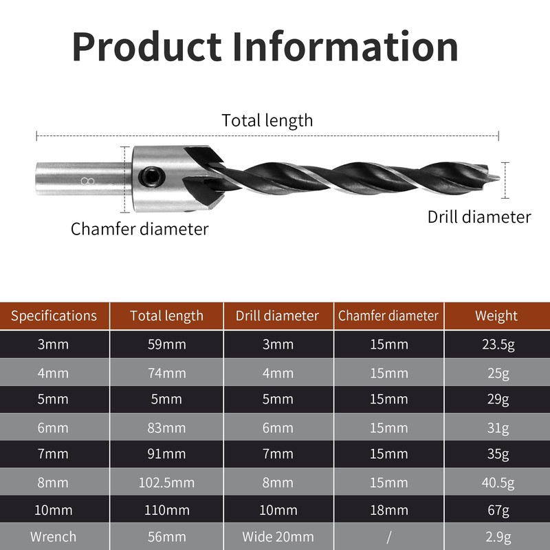 Countersink Drill Bit with Countersink 8 Pieces Countersink Drilling Bit