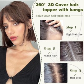 RPAEOY Fringe Pony Hairpiece, 100% Hair Topper, Real Hair, 360° Coverage, Clip, One Piece, Fringe Bangs for Women, Fringe, Wispy, Thin Hair (Dark Brown)