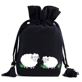 Lantern Moon Arts & Craft's KP350699 Embroidered Drawstring Soft Cotton Knitting Bag Project Accessories Holder, Black, 28 x 29.2cm (11 x 11.5in)