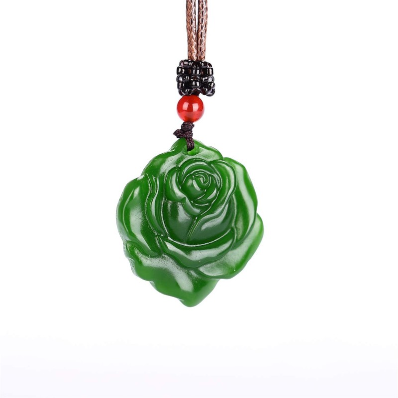 yigedan Natural Green Jade Rose Leather Rope Pendant Necklace, Leather,