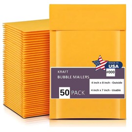 IPACKNOW Kraft Bubble Mailers 4x8 Inch 50 Pack, Waterproof Cushioned Mailers, Padded Envelopes Shipping Bags Packaging for Small Business, Self Seal Bubble Cushioning Envelopes, #000