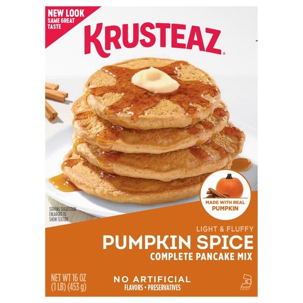 Krusteaz Baking Mix, Pumpkin Spice Complete Pancake Mix, Light & Fluffy, Made with Real Pumpkin & No Artificial Flavors or Preservatives, 16 OZ Box (Pack of 4)