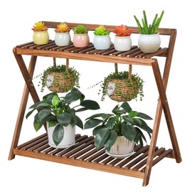 Tovacu Indoor Plant Stand for Multiple Plants 2 Tier Wood Corner Plant Shelf Rack with Planter Hanger Outdoor Flower Pot Stand Holder for Yard Patio Garden Balcony Porch Living Room ( Rustic X-Cross)