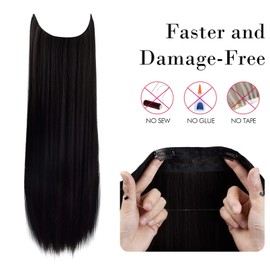 REECHO Invisible Wire Hair Extensions with Transparent Headband Adjustable Size Removable Secure Clips in Straight Secret Hairpiece for Women (24 Inch (Pack of 1), Darkest Brown)