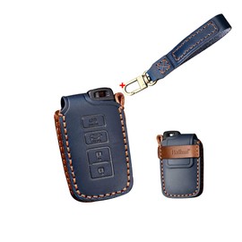 HIBEYO Leder Car Key Fob Cover with Keychain fits for Toyota Avalon Camry Corolla Highlander Rav4 Tundra Tacoma 4Runner Car Key Case Cover Smart Remote Car Key Keyless Entry Holder 4 Button Blue