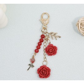 Rose Keychain Pendent Flower Keyring Car Keys Ring Accessories Purse Handbag Decor (Red, One size)