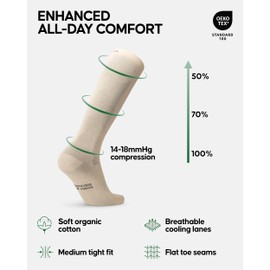 DANISH ENDURANCE Compression Socks, Organic Cotton Flight Socks, 14-18 mmHg, Support Socks for Nurses, Swollen Feet, Pregnancy, Graduated Compression, Men & Women, Unisex, 3 Pack, Beige, 9-12