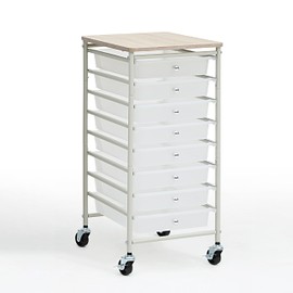 SunnyPoint Wooden Top Compact Rolling Storage 8 Drawers Organizer Mobile Utility Cart, Under Desk Storage Cart with Caster Wheels (Compact 8 Drawers, White)