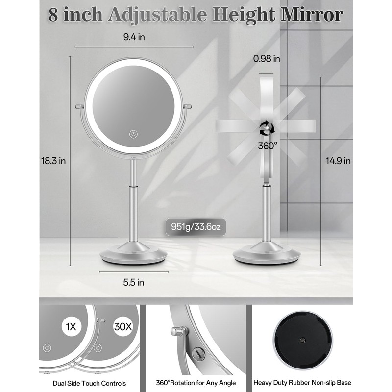 vpu Makeup Mirror with Lights, 1X/30X Lighted Magnifying Mirror Height