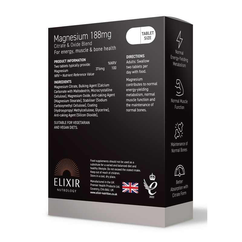 ELIXIR NUTROLOGY Magnesium 188mg - 30 Tablets, Supports Energy Metabolism,