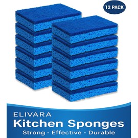 ELIVARA Kitchen Sponges – 12 Pack – Non-Scratch Dual-Sided Cellulose Scrub Sponges for Dishes, Pots, and Pans – Durable, Absorbent, and Reusable (Dark Blue/Light Blue)