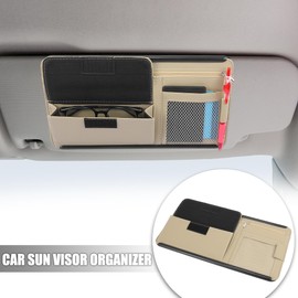 X AUTOHAUX Beige Universal Car Sun Visor Organizer Sunglasses Case Storage Pocket Hook and Loop Tape ABS PU Leather for SUV RV Truck
