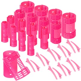 WILLBOND 65 Pieces Magnetic Rollers Plastic Rollers Hair Curlers Set 4 Sizes for Long Medium Short Hair, Duck Clips Hairnet Hairdressing Styling Tool (Pink)