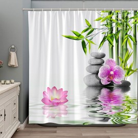 Zen Shower Curtain Spa Garden Bamboo Meditation Stones Lotus Orchid Flower Spring Pink Floral Japanese Style Relaxation Bathroom Decor Polyester Fabric Curtains Set with Hooks 70Wx70H Inch