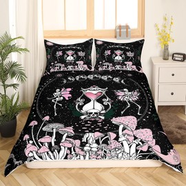 Sun and Moon Duvet Cover Set King Size,Pink Mushroom Bedding Set Gothic Sugar Skull Star Galaxy Comforter Cover for Kids Boys Girls Woman Room Decor Boho Hippie Black White Quilt Cover,2 Pillowcases