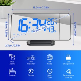 TAKRINK Alarm Clock Digital Radio Alarm Clock with 4 Levels Screen Brightness Projection Alarm Clock with Temperature Alarm Clock with Projection Dual Alarm Type-C Charger 180° Projector Projection