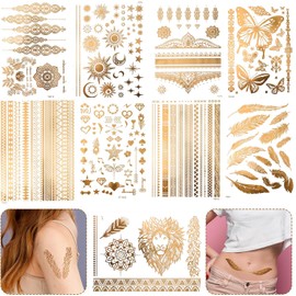 oruola Tatuajes Dorados De 9 Hojas, Más De 110 Diseños, Tatuajes Temporales Dorados Para Mujer, Con Diseño De León, Sol, Luna Y Estrella, Ideales Para Festivales, Vacaciones, Maquillaje Y Eventos Rave