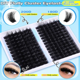wiwoseo Fluffy Lash Clusters Kit Mink Lashes Clusters Eyelash Extensions Kit 180D+200D Thick Volume Lash Extension Kit Cluster Lashes 10-18MM Fluffy Eyelash Clusters Kit with Lash Bond and Seal