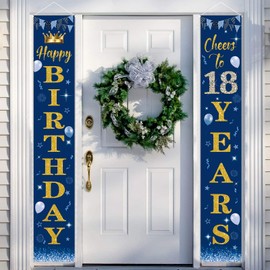 POPOYU 18th Birthday Banner Boys Girls, 18th Birthday Decoration Navy Blue, Birthday Banner 18th Birthday Party Decorations Background, Banner Gifts for Birthday Poster Door Banner Porch Sign