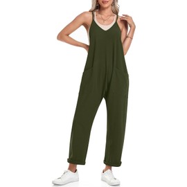 TARSE Womens Jumpsuits Casual Summer V Neck Baggy Rompers Sleeveless Loose Adjustable Spaghetti Strap Overalls Jumpers with Pockets(ArmyGreen,S)