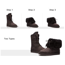 AU&MU Womens Leather Sheepskin Classic Lace up Mid Calf Flat Fur Winter Snow Boot Chocolate Size 8