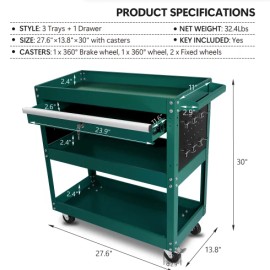 AUGALA 3 Tier Rolling Tool Cart, Heavy Duty Utility Cart Tool Organizer With Storage Dr - Green