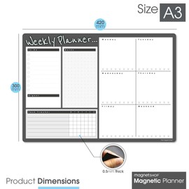 TMS A3 Weekly Planner Whiteboard | Magnetic Calendar for Fridge and Dry Wipe Pens | Meal or Family Planner for Kitchen (Charcoal, A3-WP3)