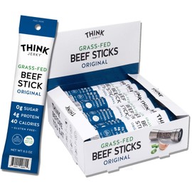 Original Grass-Fed Beef Sticks by Think Jerky — Sugar Free, Gluten Free, Non-GMO, No Nitrates Jerky Snack — Keto, Paleo, Whole30 Compliant — High Protein, Low in Carbs — 0.5 oz (20 Pack)