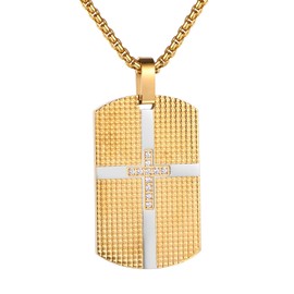 Cupimatch Cross Dog Tag Necklace: Men's Military Dog Tag Stainless Steel Necklace Cross with Zircon Engravable Religious Jewelry Gift (golden) for Fathers Day