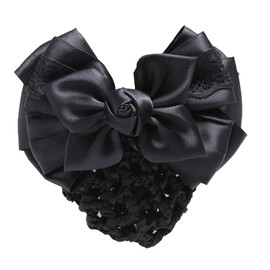 Black Rose Bowknot Hair Snood with Clip Flower Hairnet Clip Barrette Professional Female Hair Clip Bun Cover for Bank Hotel Restaurant Airline Staff