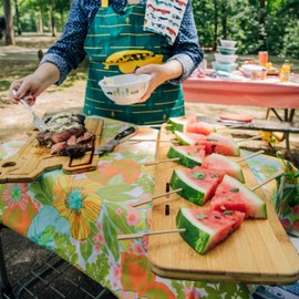 Camco RV/Marine Over The Sink Cutting Board | Features Adjustable Non-Slip Feet, Built-in Knife Slots, and a Durable 3-Ply Bamboo Construction | 24-inches x 8-inches (43543), Brown