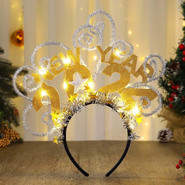 Vakkery LED Headband Christmas Luminous New Year's Eve 2024 Deco Headdress Flashing Happy New Year Headband Star Christmas Hair Accessories for Women Adults (Silver)