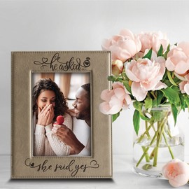 BELLA BUSTA-He asked... She said YES-Custom Wedding Proposal Keepsake- Engagement Leather Photo Frame (5x7 Vertical Beige)