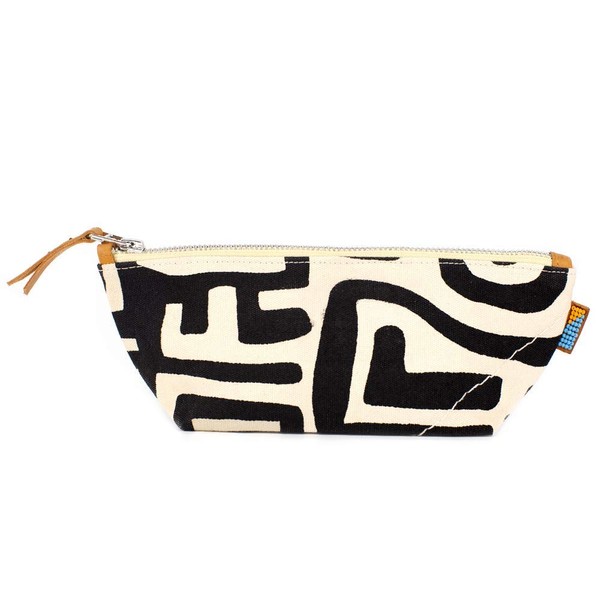 Ubuntu Life Kuba Pouch – Makeup & Toiletry Bag for Women Made with Natural Cotton Canvas, Stylish Cosmetic Bag with Kuba African Print (Black & Eggshell, Small)